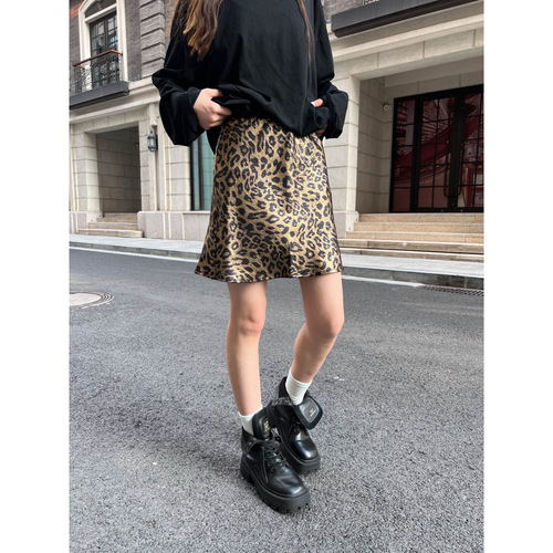 GAGD Luxury Satin Drapey Leopard Print Mini Skirt for Women — Gold-Embossed, Glossy Finish, Versatile, Slimming, and Leg-Lengthening Fishtail Half Skirt