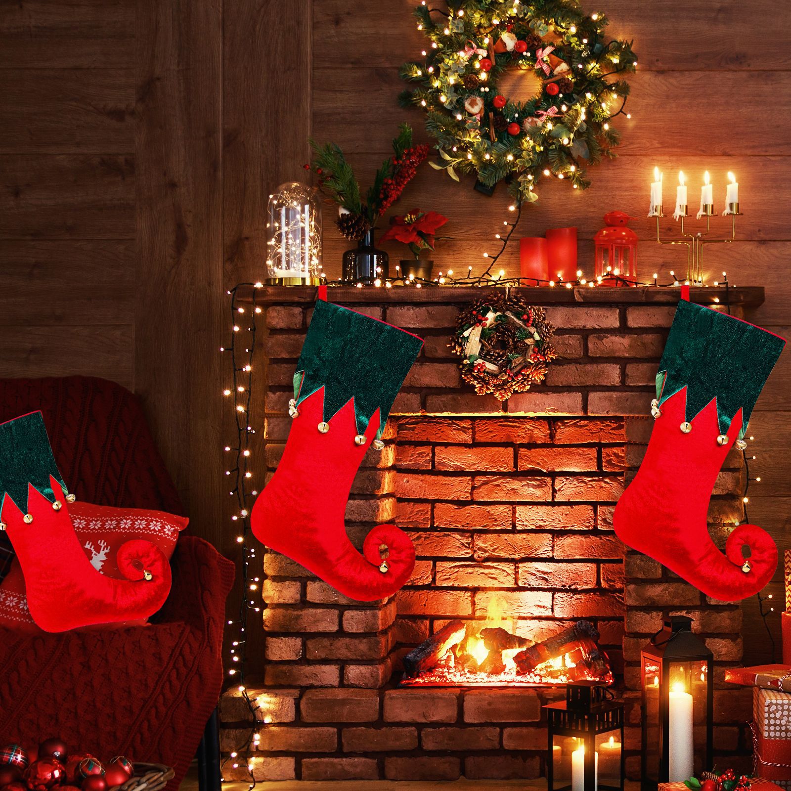 Cross-border nuevo terciopelo calcetines de Navidad elfo Garter Bell decoraciones de Navidad calcetines de Navidad bolsa de regalo colgante