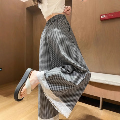 レトロチェック柄ワイドレッグパンツ女性の夏薄い小さな弾性ハイウエストスリムレース9点ストレートパンツ