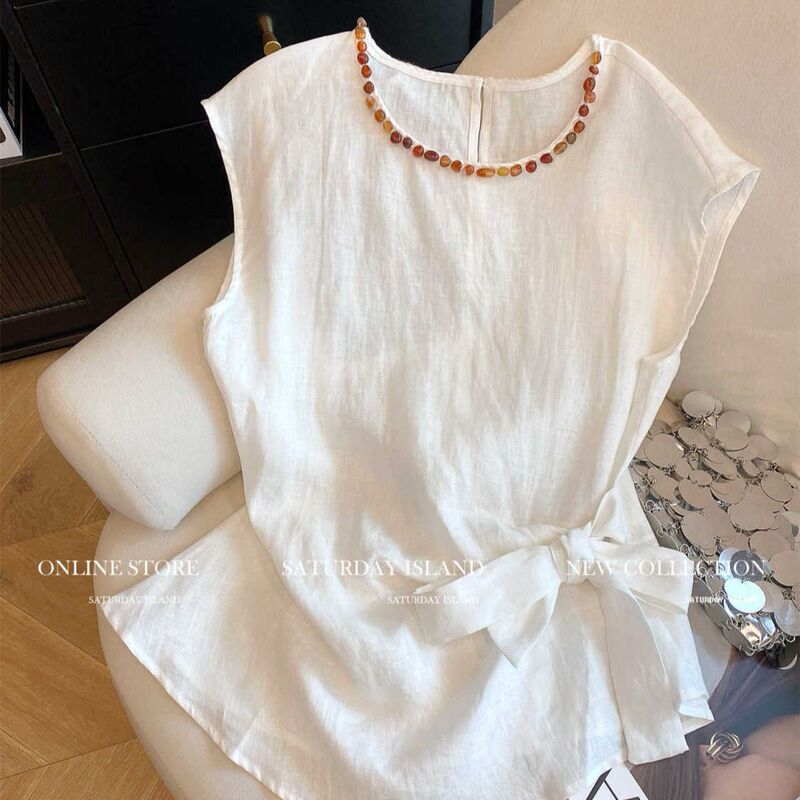 Plus-Size Versatile Design Beaded Patchwork Sleeveless Vest for Women, 2025 Summer New Style, Tie-Waist Slimming Top Plus-Size Versatile Design Beaded Patchwork Sleeveless Vest for Women, 2025 Summer New Style, Tie-Waist Slimming Top