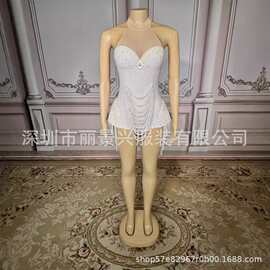 纯白珍珠无袖A字高贵性感优雅露背婚礼晚宴短裙挂脖抹胸裙女士