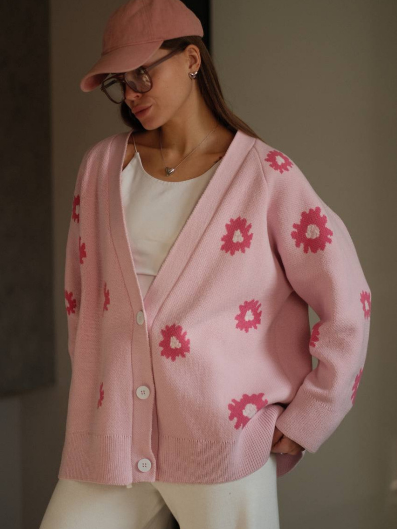 2025 otoño y invierno nuevo suelto fresco dulce margarita suéter jacquard mujer color contraste chaqueta de punto de cuello en V