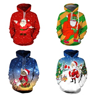 Winter foreign trade cross-border 3D printing Christmas hooded sweater men's popular 3D hooded with rope and pocket sweater