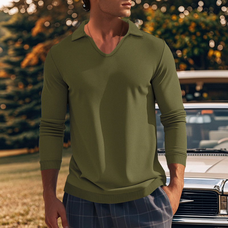 Podzimní a zimní americké pánské tričko s dlouhým rukávem, tenký střih, vaflový styl, slim fit, klopový pletený svetr pro muže_voghion.com