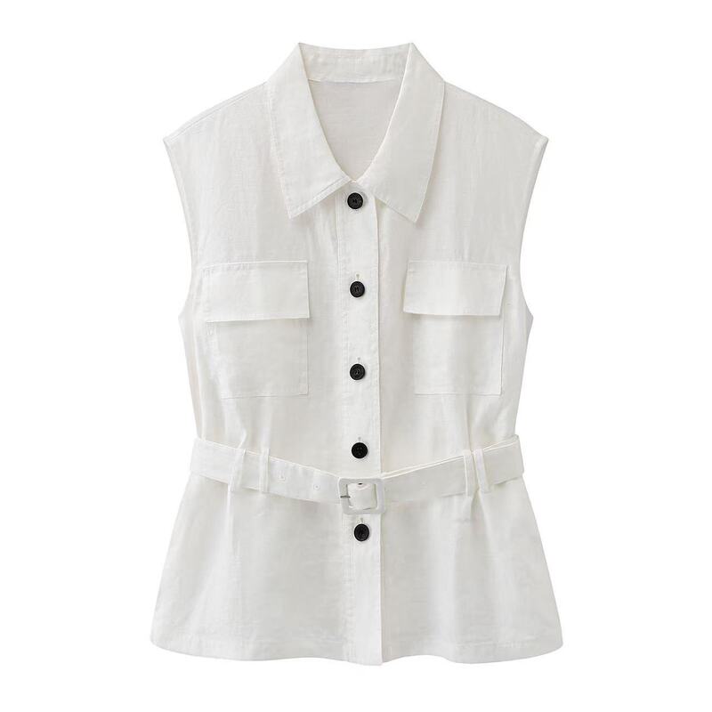 Ais Women's Clothing 2026 Summer New Style Lapel Button Vest Workwear Style Linen Sleeveless Shirt Top for Women 2121