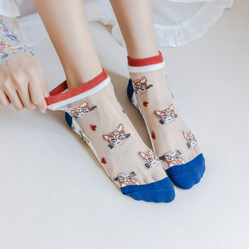 Summer glass silk women's socks kitten breathable crystal socks ins trendy shallow mouth breathable invisible socks manufacturer wholesale