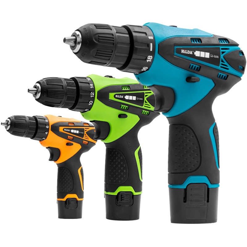 Hilda 12V destornillador inalámbrico taladro eléctrico doble velocidad batería de litio recargable luz LED 2 piezas impermeable mano Taladro