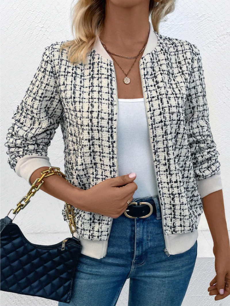 Damenbekleidung, neue Herbst-Langarm-Reißverschluss-verzierte Strickjacke, bedruckte Jacke, kleine Jacke_voghion.com