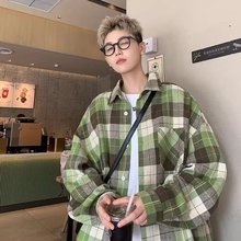 2024复古衬衫男港风学生宽松小众设计感学院风格子上衣外穿蓝色棉