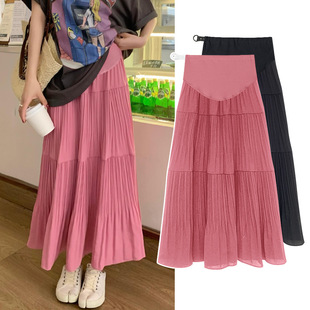 Pregnant Women's Pleated Skirt New 2025 Summer Slimming Design Sense Niche A- line Belly Midi Skirt