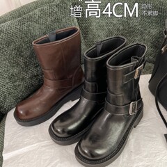 牛皮版~复古机车短筒靴女圆头厚底粗跟2025新款百搭皮带扣时装靴