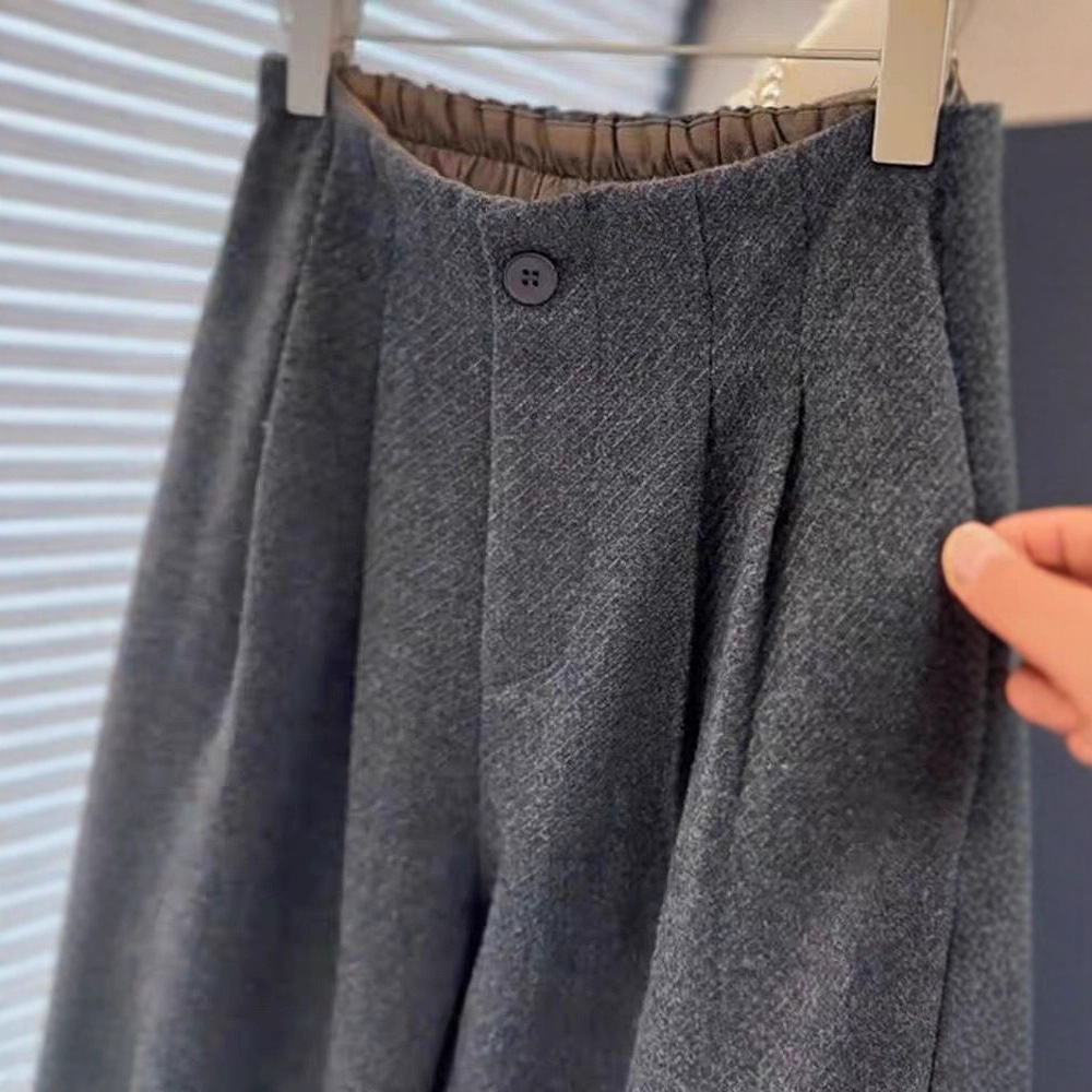欧货灰色压褶后松紧腰气质通勤毛呢西裤女秋冬2025新款显瘦阔腿裤