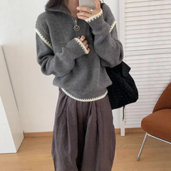韩系慵懒风灰色半拉链立领毛衣女秋冬季新款设计氛围感针织衫上衣