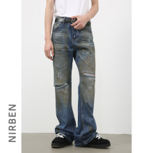 nirben牛仔|美式高街复古破洞牛仔裤男潮牌宽松直筒微喇显瘦长裤