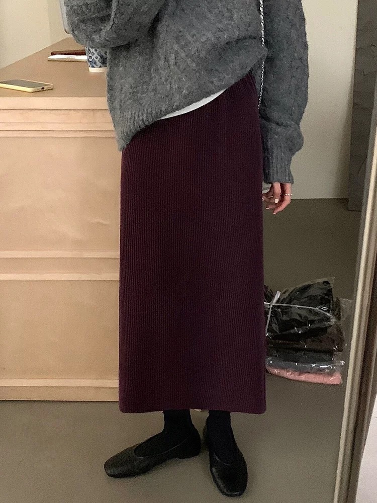 Great to Match! Elastic High-Waist Corduroy Skirt for Women Autum New Chic Slit Hip-Covering Elegant Long Skirt