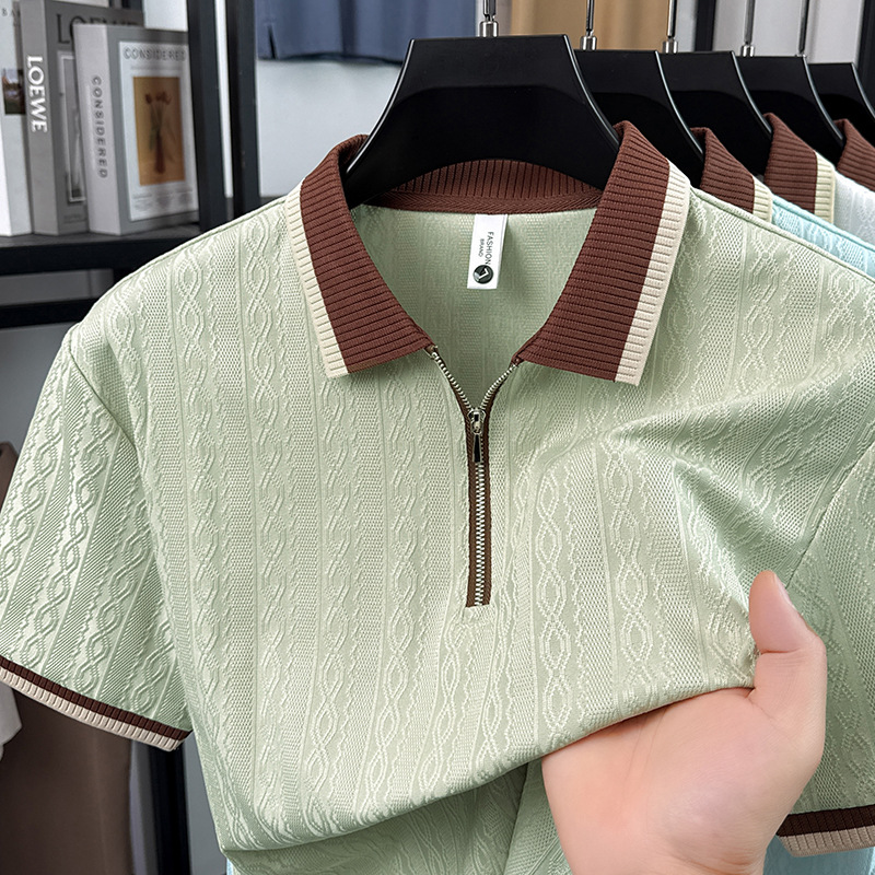 [911 #] nuevo color de verano de manga corta de media manga ligera Jacquard cremallera camiseta de hombre polo image 4