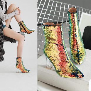 2023 New Short Boots Fashion Stage Show Performance Wedding Shoes Super High Heel Waterproof Platform Autumn and Winter Large Sequins