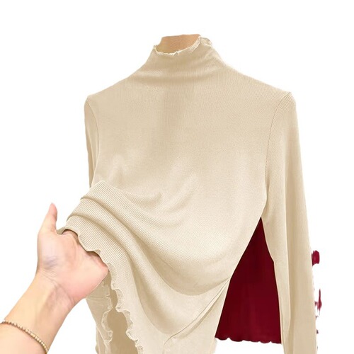 Mid-aged mom's ribbed half-high collar basic top women's innerwear autumn winter slimming mushroom edge long-sleeved T-shirt women's top