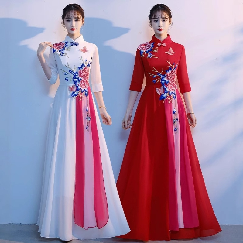 Red Choir Performance Costume, Red Song Poetry Recitation Host Long Dress, Chinese Style Stand Collar, 2026 Model Performance Outfit