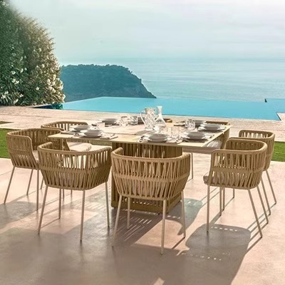 Mesas y sillas de ocio al aire libre Jardín tejido de cuerda Balcón Patio Villa Terraza al aire libre Impermeable Protector solar Silla de ratán nórdico Muebles