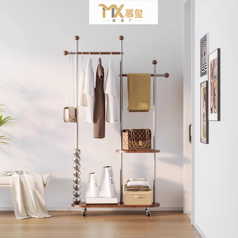 Solid Wood Clothes Hanger, Second-Hand Floor-Standing Mobile Coat Rack, Home Bedroom Stainless Steel Storage Clothes Hanger, Clothes Storage Artifact