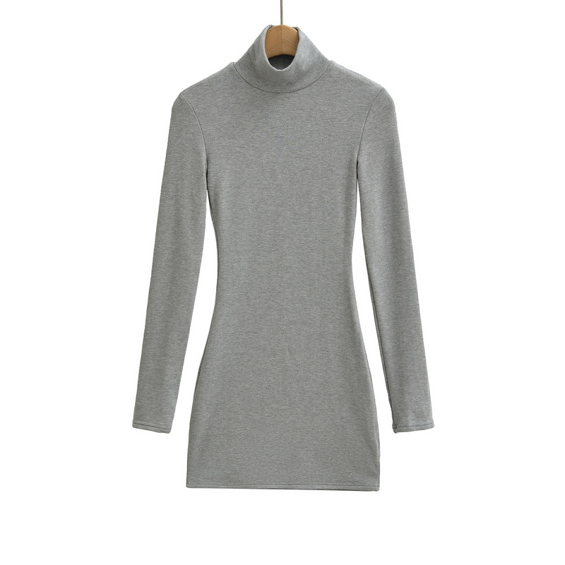 2559-25 Winter Basic Version High-Neck Plain Long-Sleeved Cashmere Dress with Fleece Lining, Hip-Hugging Short Skirt