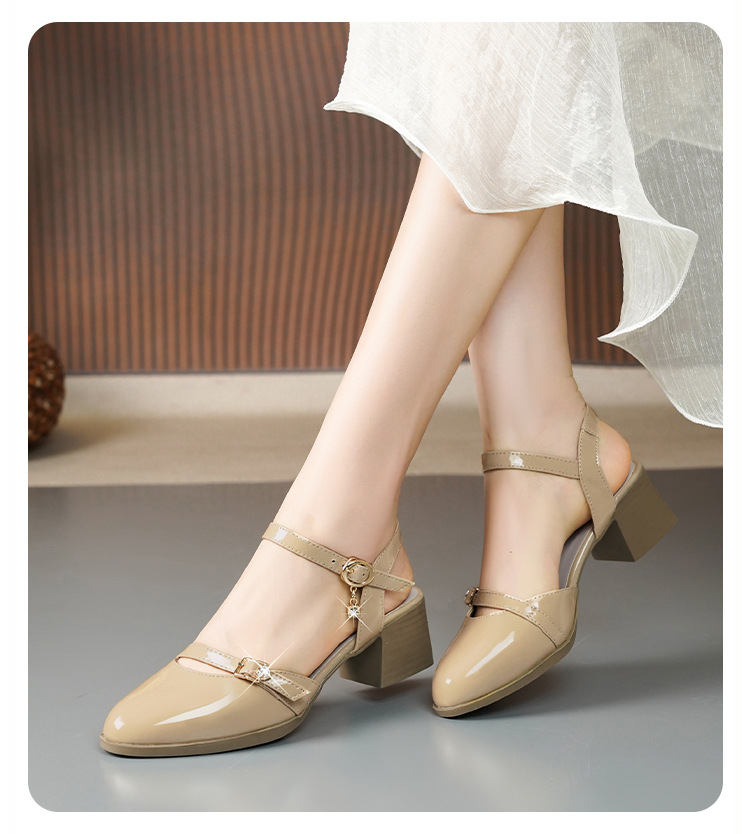 Sandal bít mũi nữ gót thô đi làm đế mềm da thật — Màu đen chi tiết 13