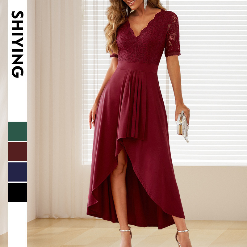 Trendy European and American Long Dress for Spring and Autumn, New Simple Style, Solid Color Lace, Backless, Low V-Neck, High-Low Hem Dress