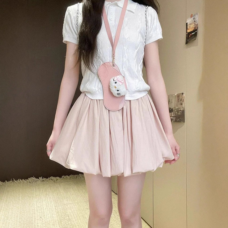 韩系甜美红色花苞短裙女春秋薄款小个子高腰慵懒百搭显瘦蓬蓬裙裤|undefined