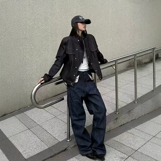 美式复古斜领短宽原牛硬挺宽松牛仔夹克外套男女秋冬cleanfit上衣