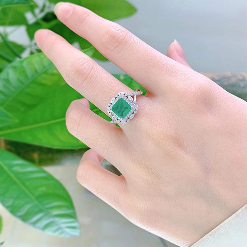 Mujing Jewelry  new ring ins simulation 7*7 emerald diamond ring foreign trade hot selling S925 silver ring