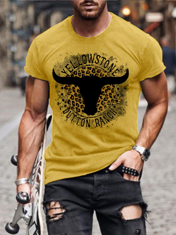 2022 spring new European and American yellostone Huangshi leopard print cow head printed men's round neck short sleeve t-shirt in stock