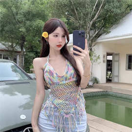 彩色流苏针织吊带背心女夏泰国外穿沙滩泳衣辣妹性感挂脖抹胸上衣