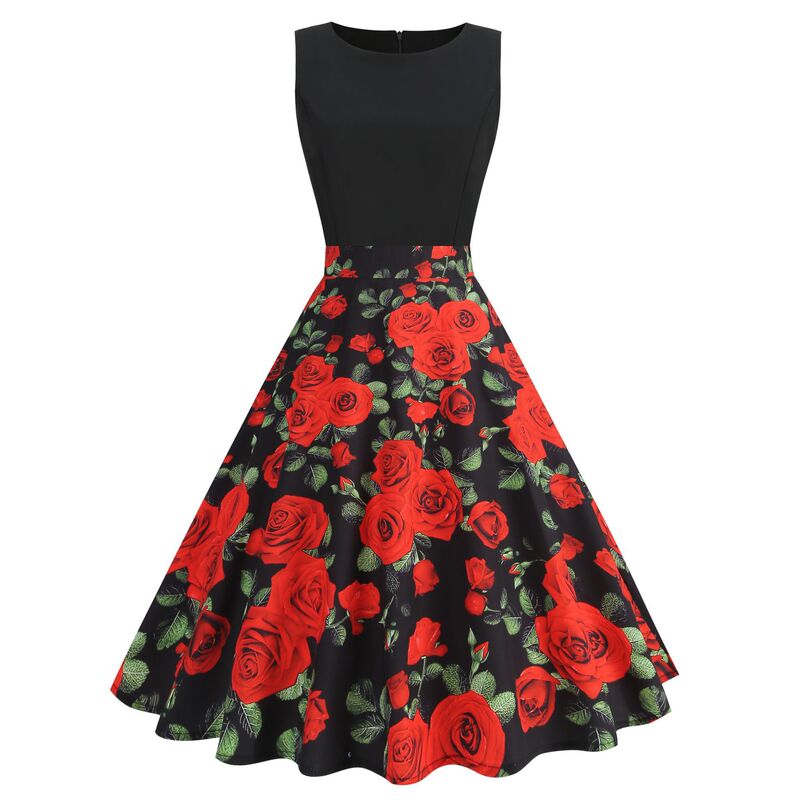 2026 Spring/Summer New Sleeveless Knitted Patchwork Rose Flower Print Dress Women's Factory Stock