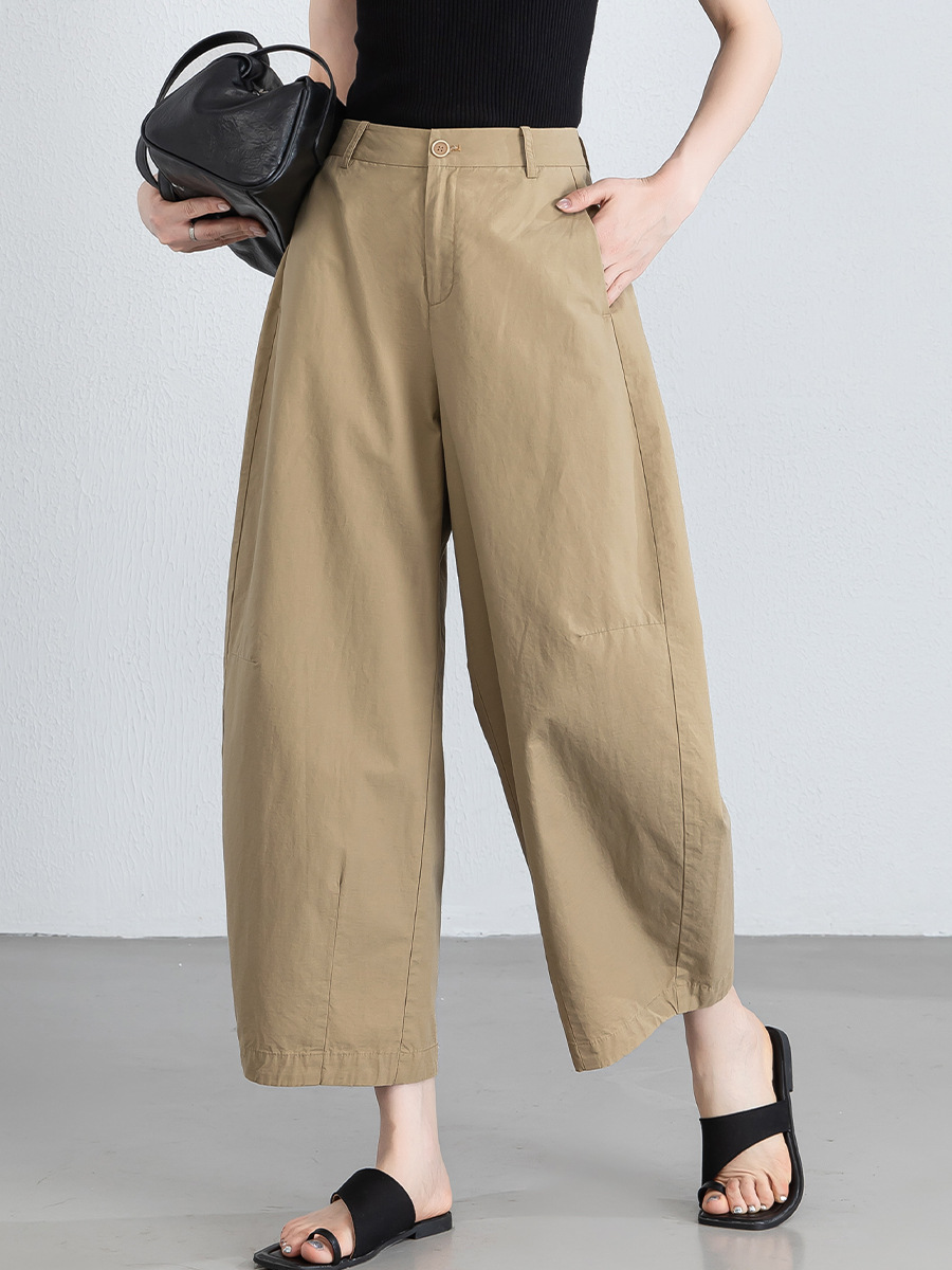 Quần culottes nữ ống rộng cạp cao vải lanh phối cotton, dáng bong bóng thoáng mát — màu kaki