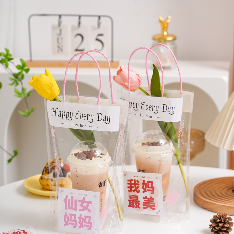 Happy Every Day Internet Celebrity Milk Tea Packaging Bag Takeaway Transparent Bag Mother's Day Single Cup Double Cup Pink Handbag Happy Every Day Internet Celebrity Milk Tea Packaging Bag Takeaway Transparent Bag Mother's Day Single Cup Double Cup Pink Handbag