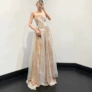 现货/褶皱丝绒网纱拼接A字大摆礼服连衣裙