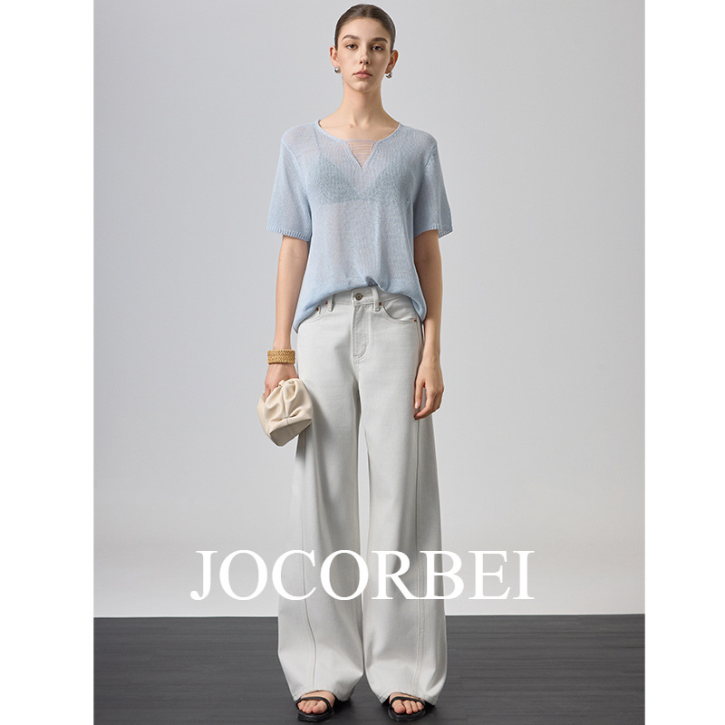 Jocorbei【Gray-White Design】Loose Straight-Leg Denim Floor-Length Pants for Women, Drapey and Slimming Wide-Leg Trousers