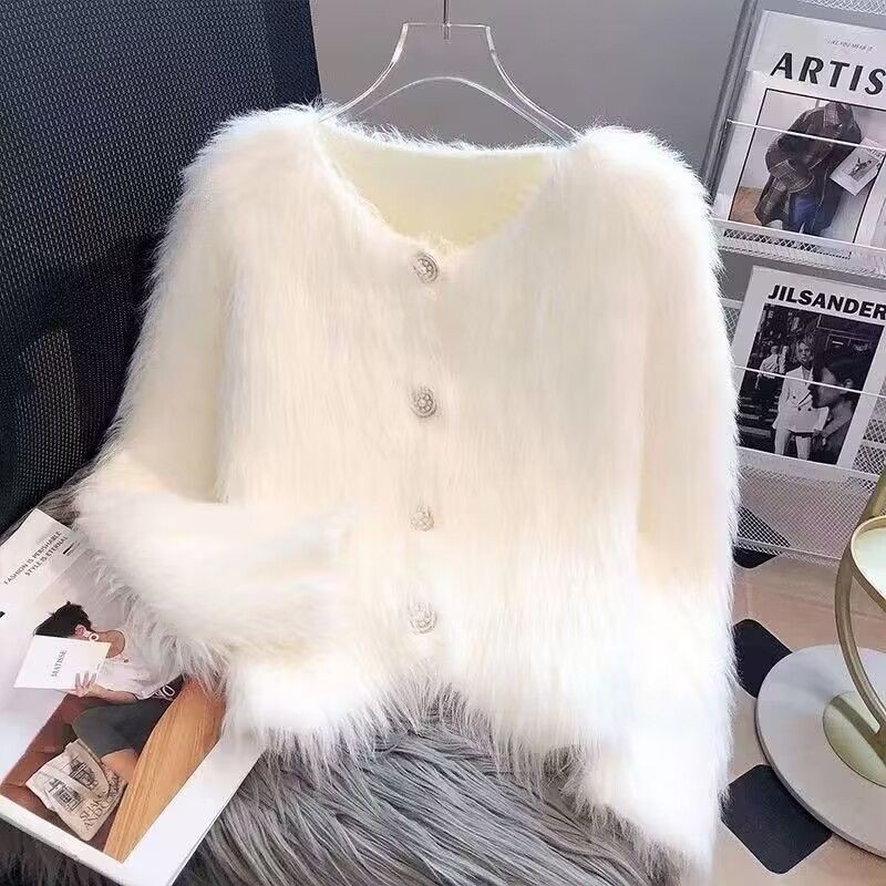 工厂批发仿水貂绒针织开衫毛衣外套女秋冬纯色新款爆款欧货软糯|undefined
