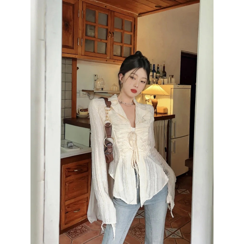 살구 쉬폰 자외선 차단 셔츠 여성 봄, 가을 슬림 긴팔 셔츠 v 넥 불규칙한 디자인 틈새 탑