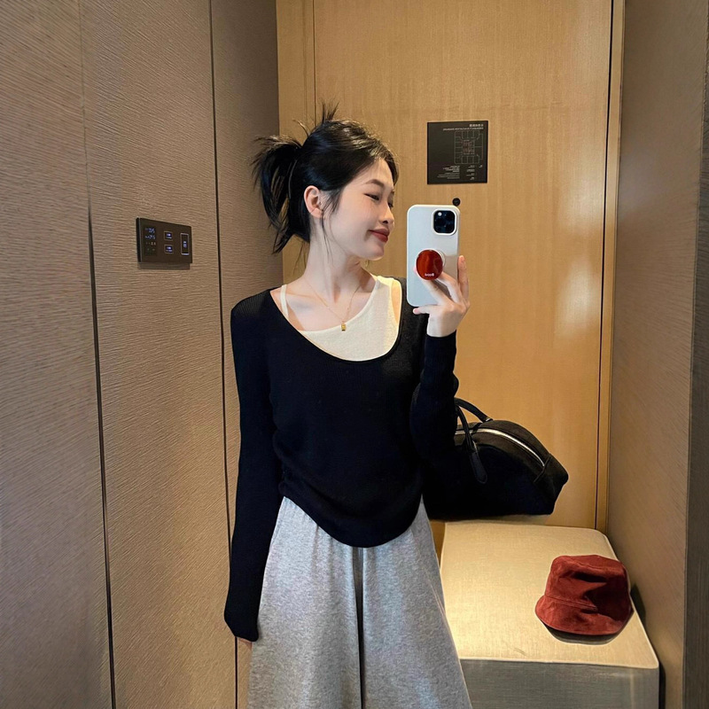 大码女装胖mm穿搭慵懒风显瘦假两件拼接撞色小众设计感针织上衣女|undefined