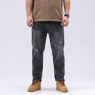 Plus size men's summer new ripped jeans men's loose plus size stretch retro ankle-length jeans