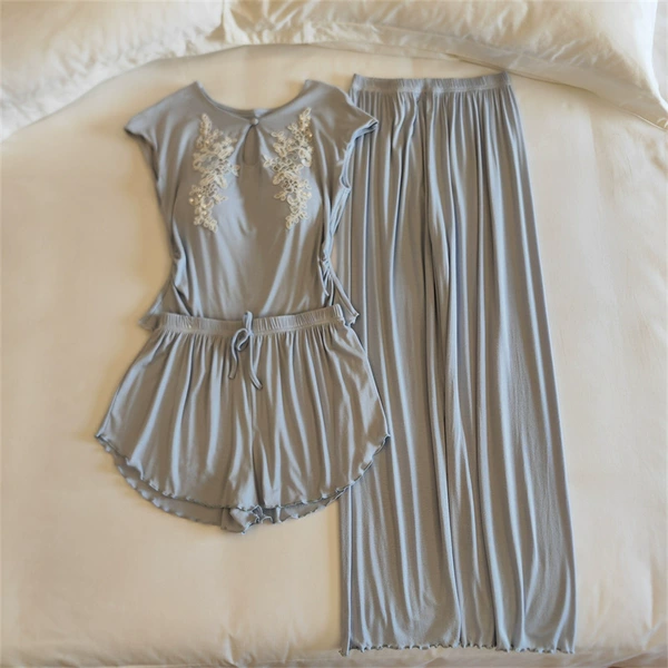 Short-sleeved three-piece set 33065# milk blue (fixed chest pad)