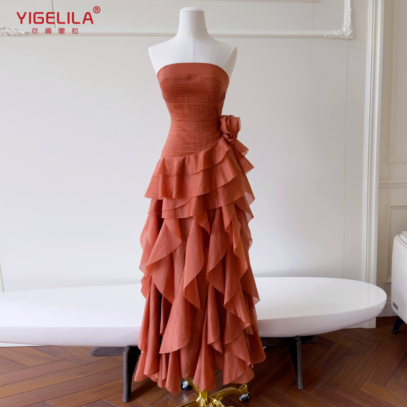 French Romantic and Elegant Ruffled Tube Top Dress with Three-Dimensional Floral Waist-Cinching Holiday Long Dress 69746
