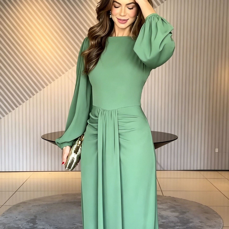 Spring 2026 European and American Amazon Cross-Border Matte Satin One-Shoulder Puff Long-Sleeve Dress with Side Draping Spring 2026 European and American Amazon Cross-Border Matte Satin One-Shoulder Puff Long-Sleeve Dress with Side Draping