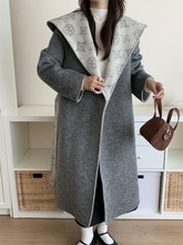 大牌高端四叶草老花双面提花印花双面羊绒大衣女加长款羊毛呢外套