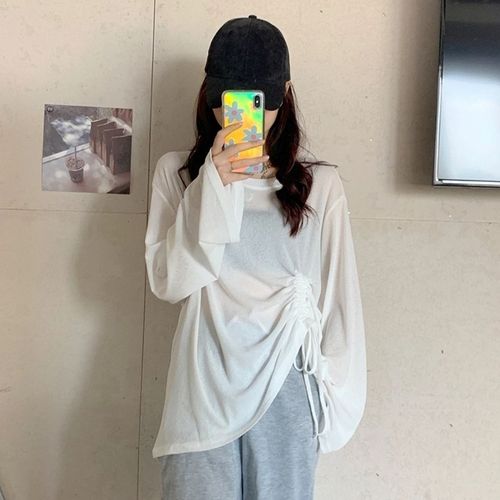 Sunscreen shirt women's ice silk knitted blouse spring/summer style loose-fitting drawstring long-sleeved thin shawl-style