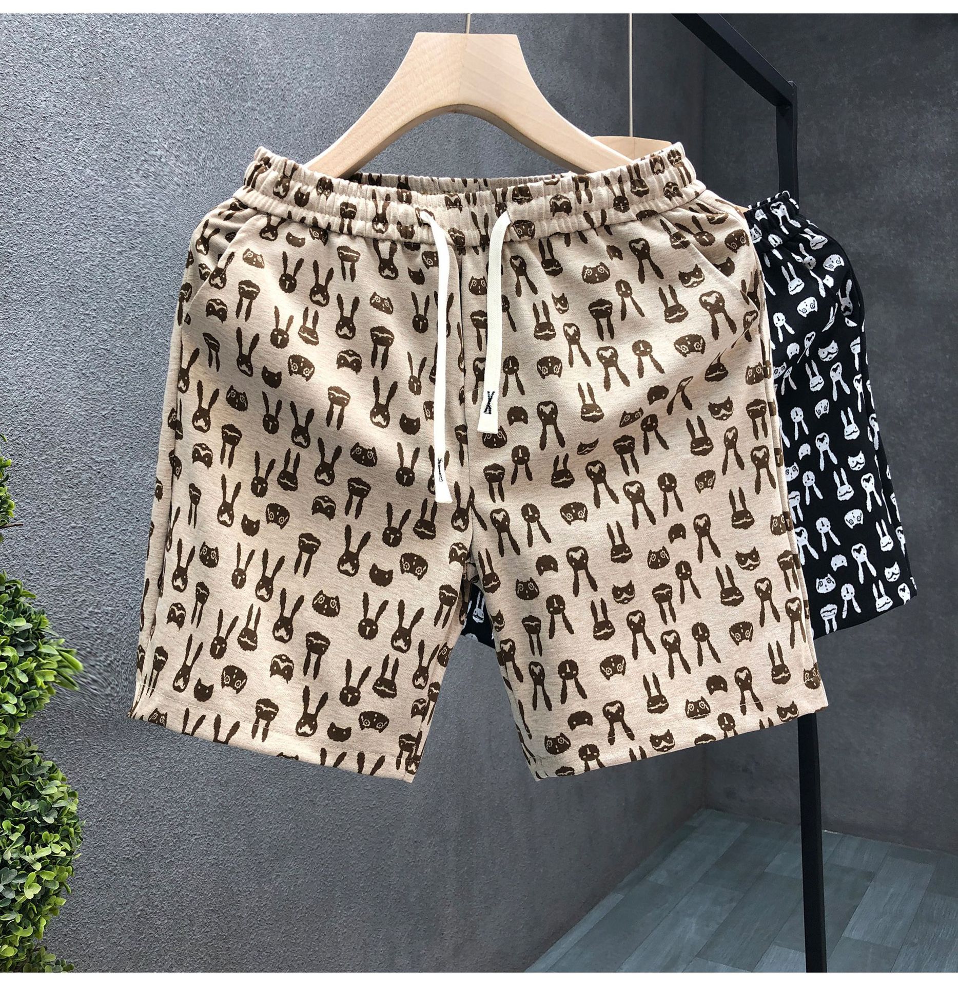 Unisex Rabbit Print Beach Shorts, Loose Fit Casual Summer Shorts With All-Over Pattern For Street Style And Vacation_viptrois.com