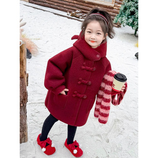 Girls Woolen Outwear Autumn and Winter 2025 New Kidsren's New Year's Wear Baby Fleece-Lined Red Woolen Outwear Mid-Length