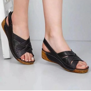 Wedge Velcro Fish Mouth Roman Sandals for Women Cross-Border Foreign Trade Large Size Thick-Soled Sandals for Women Trendy European and American New Models in Stock